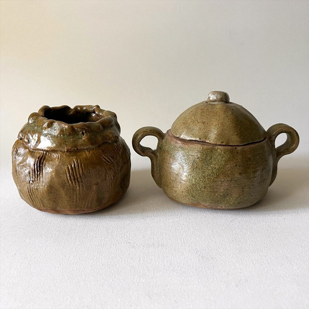 Vintage Handmade Rustic Sugar & Creamer Set Farmhouse Earthy Art Pottery Signed